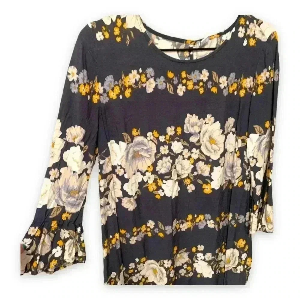 Old Navy 3/4 Ruffle Sleeve Gray with Floral Print Back Cutout Mini Dress - Picture 6 of 9